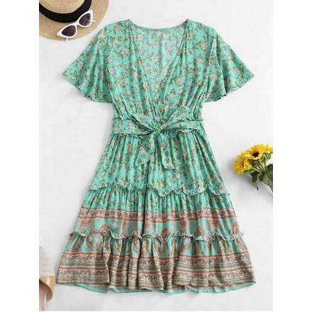 Belted Ditsy Floral Surplice Mini Dress Belted Ditsy Floral Surplice Mini Dress
